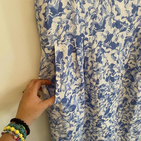 QUINCE blue and white linen floral midi dress sz xl - Picture 2 of 8